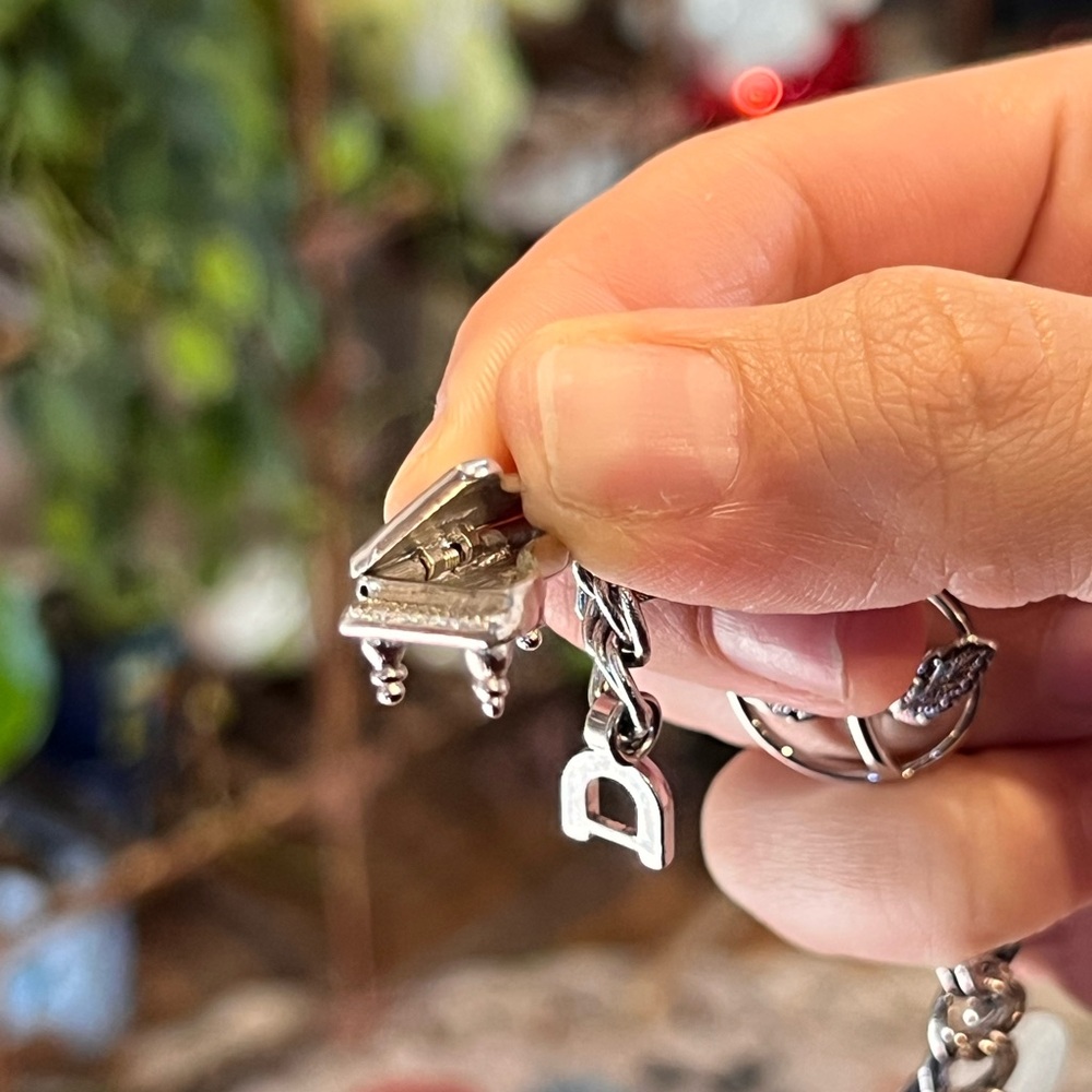 Monet Vintage Silver Charm Bracelet Mechanical Piano and Sterling Silver Charms - Picture 16 of 17
